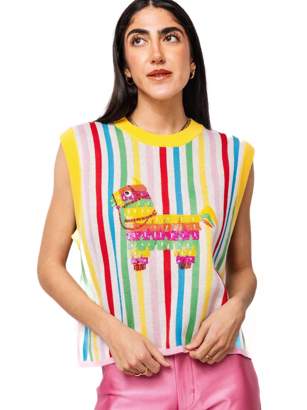 QUEEN OF SPARKLES Rainbow Stripe Sequin Piñata Tank - Yellow Trim